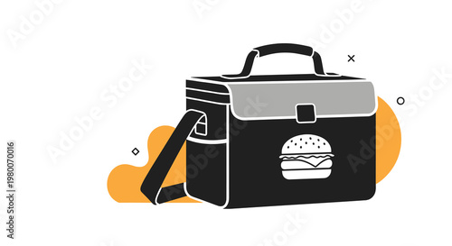Black insulated cooler bag with a burger icon on the front, ideal for carrying food and keeping lunch fresh for work or outdoor picnics.
