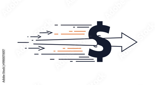 Financial arrow passing through a dark dollar sign with speed lines suggesting fast wealth accumulation and efficient money transactions.