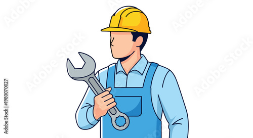 Male mechanic wearing a blue jumpsuit and a yellow hard hat while holding a large silver wrench for professional repair work services.