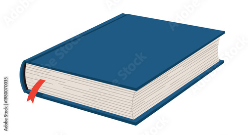 Thick hardcover blue book with a red bookmark inside, representing education, reading, literature, and the pursuit of library knowledge.