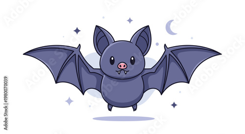 Cute cartoon bat flying in a starry night sky with a crescent moon creates a magical and friendly scene for kids and holiday festivities.
