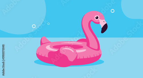 Fun pink flamingo inflatable pool float floating on bright blue water with bubbles, representing summer pool parties and vacations.