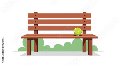 Wooden park bench with a bright yellow tennis ball resting on the seat, suggesting a break during a sports match in an outdoor park.