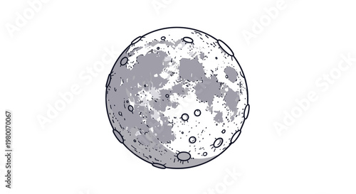 Detailed grayscale illustration of the full moon surface showing various craters and features against a white background for space study.