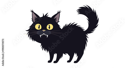 Spooky cartoon illustration of a black cat with yellow eyes and sharp teeth arching its back for a Halloween themed design.