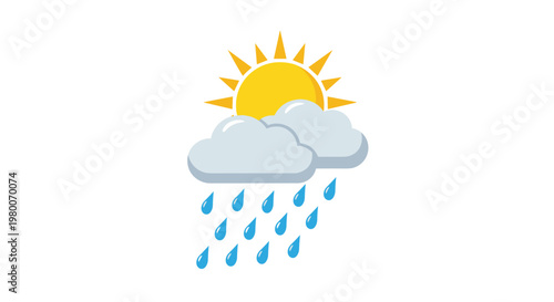 Colorful weather icon showing a yellow sun partially hidden by grey clouds with falling blue raindrops on a clean white background.