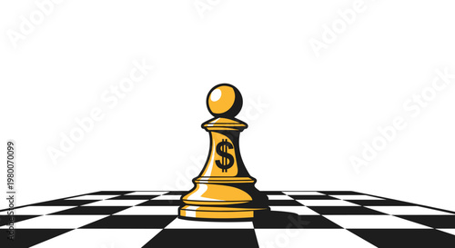 Golden chess pawn featuring a black dollar sign symbol standing on a checkered black and white board for business strategy.