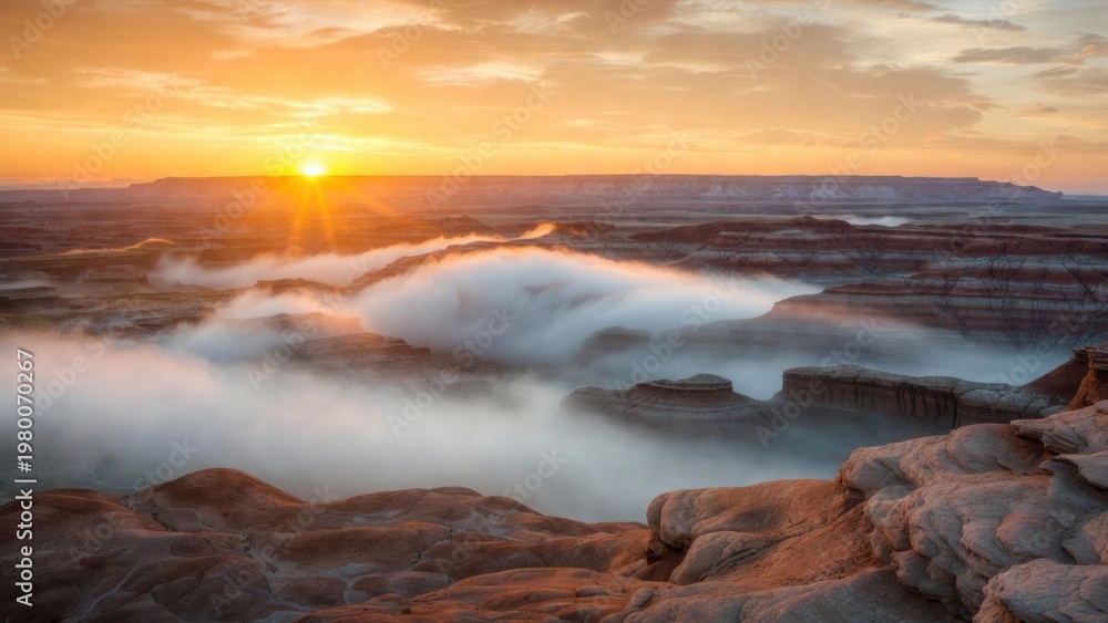 Fototapeta premium Cliff edge overlooking fog filled canyon at sunrise