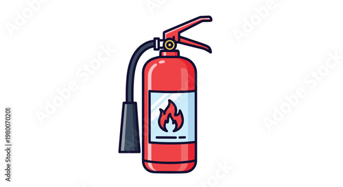 Standard red fire extinguisher with a black hose and nozzle shown in a flat vector illustration style on a white background.