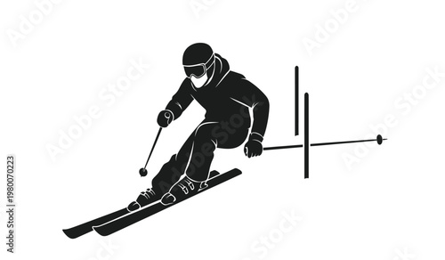 A dynamic depiction of a skier in motion captured in a stark black and white design presenting a striking silhouette high quality professional detailed