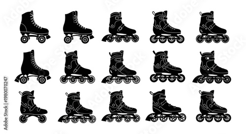 Collection of black roller skates in various positions on white background for design and decoration