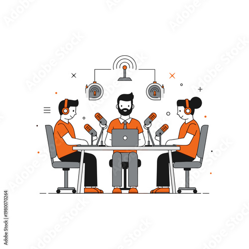 Three individuals participating in a live podcast recording session