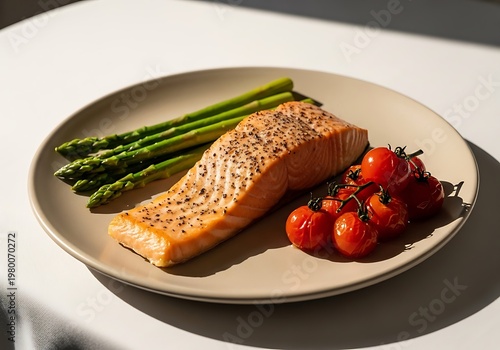 Grilled salmon fillet with green asparagus and red cherry tomatoes on a plate for a healthy meal fine dining home cooking ready to eat asparagus healthy food vegetable nutrition delicious