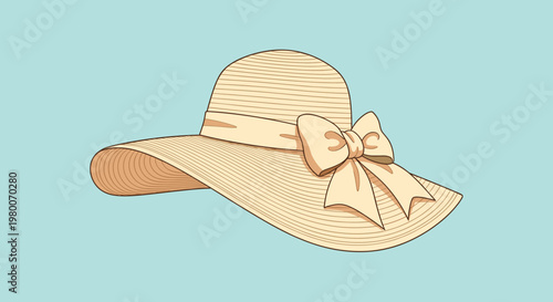 Elegant wide-brimmed woven straw sun hat featuring a light cream colored ribbon and bow isolated on a pale blue background.