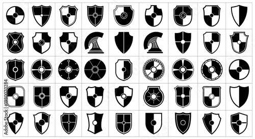 Collection of black and white heraldic shield icons with various designs on a grid background