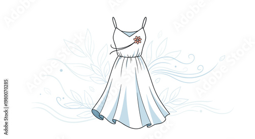 Graceful white summer dress with thin straps and a small pink flower on the chest against a decorative leaf background.