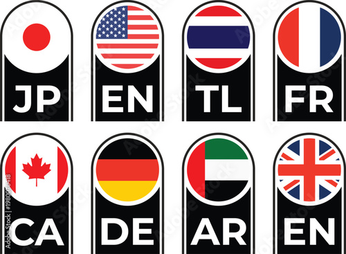 Set of Modern Vector Country Flag Icons with Two-Letter Codes on Black Rounded Shapes, Isolated