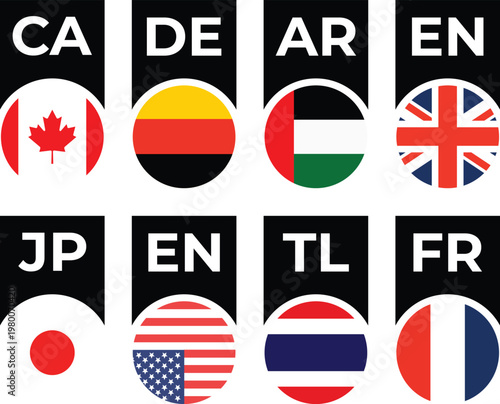 International Country Flags and Language Codes Vector Set with ISO Abbreviations