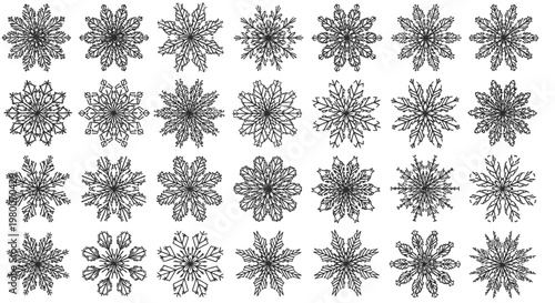 Collection of intricate snowflake designs in a black and white line art style perfect for winter themes holiday decorations and graphic design elements