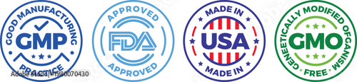 Set of Four Certification Badges: GMP, FDA Approved, Made in USA, and GMO Free Vector Icons