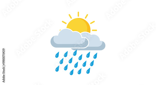 Bright yellow sun behind grey clouds with multiple blue raindrops falling down representing a mix of sun and rain showers.
