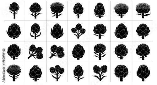 Collection of diverse black silhouette illustrations of artichoke vegetables showcasing various growth stages and cluster arrangements on a clean white background