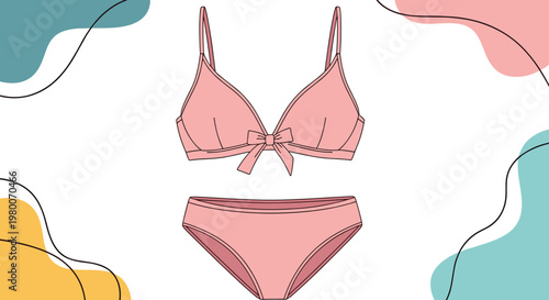 Chic pink two-piece bikini set with a bow on the top against a background of colorful abstract shapes for summer swimwear.