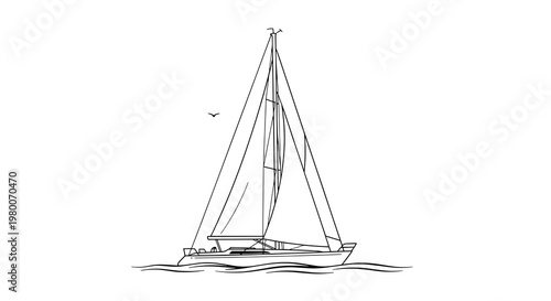 Minimalist line art sketch of a sailboat on the water with a single bird flying in the distance on a plain white background.