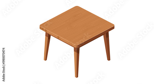 Perspective view of a simple square wooden stool or small table with tapered legs and a natural wood grain finish on white.