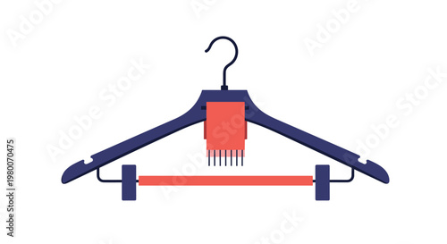 Dark blue plastic clothes hanger with a red scarf draped over the center bar isolated on a white background for laundry design.