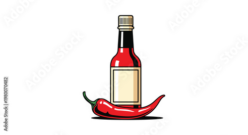 Stylized illustration of a bottle of red hot chili sauce with a blank label and a fresh red chili pepper lying in front of it.