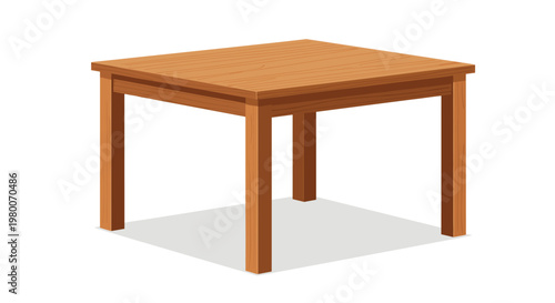 Realistic vector illustration of a sturdy square wooden table with a light brown grain finish isolated on a white background.