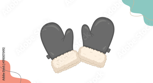 Pair of cozy dark grey winter mittens with soft white fuzzy fleece lining against a background of abstract colorful shapes.