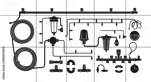 Detailed illustration of a drip irrigation system setup with various components including hoses filters connectors and emitters presented in a clean minimalist black and white