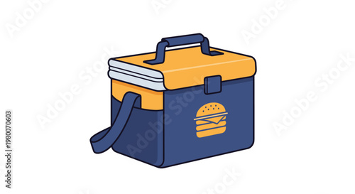 Insulated lunch cooler bag in blue and yellow colors featuring a burger icon on the front pocket for food storage and outdoor picnic themes.