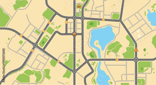 Aerial view of a simplified city map showing roads parks lakes and various yellow hazard or information icons for navigation and urban planning.
