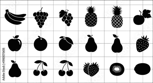 Vector silhouette collection of fresh fruits including bananas grapes pineapples apples oranges pears strawberries cherries and kiwi isolated on white grid background for graphic