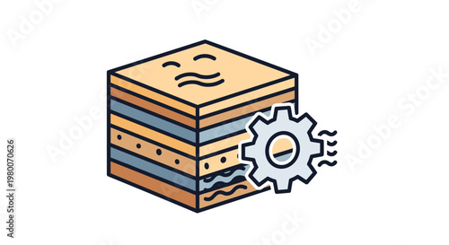 Concept of data processing or geological layers showing a multi colored textured cube with a grey gear on the side for technical themes.