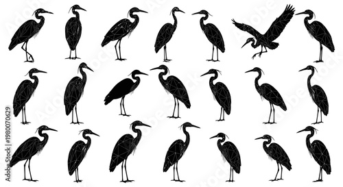 Collection of elegant black silhouettes of herons and egrets in various poses standing walking and flying set against a clean white background showcasing graceful avian forms