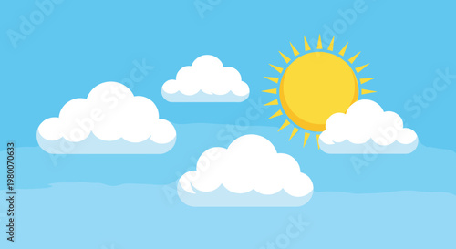 Bright yellow sun shining in a clear blue sky surrounded by fluffy white clouds in a simple cartoon style landscape for weather forecasts.
