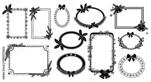 Collection of festive christmas and winter holiday decorative borders and frames with pine needles holly berries snowflakes and bows on a white background ideal for seasonal
