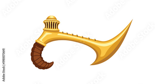 Ornate fantasy golden object resembling a ritual dagger or tool with a curved brown handle and a sharp pointed blade for game concept art.
