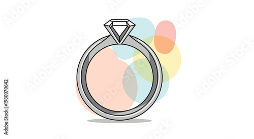 Elegant silver engagement ring with a large brilliant cut diamond set against a background of soft colorful abstract circles for jewelry.