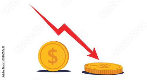 Financial loss and currency devaluation concept showing a jagged red arrow pointing down at two gold dollar coins on a white background.