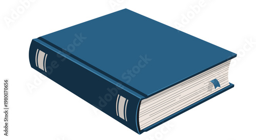 Large blue hardcover book with a bookmark sticking out of the pages shown from a side perspective view for education and literature themes.