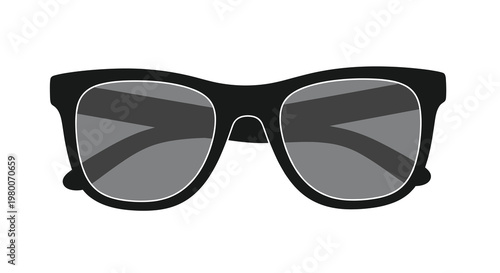 Classic pair of black wayfarer style sunglasses with dark grey lenses shown in a simple graphic illustration for summer fashion and travel.