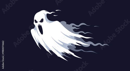 Menacing white ghost with a terrifying face and glowing eyes flying against a dark blue night background for spooky Halloween decorations.