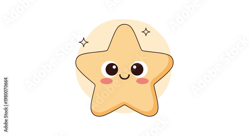 Adorable yellow cartoon star character with a happy smiling face and blushing cheeks on a soft circular background for childrens themes.