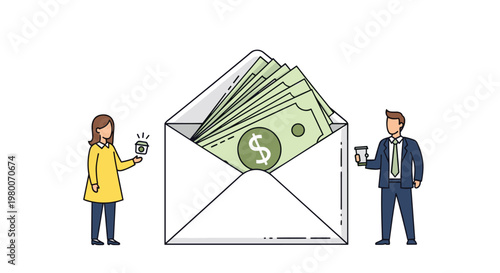 Cheerful cartoon illustration of a professional man and woman standing next to a giant open envelope filled with many green dollar bills.