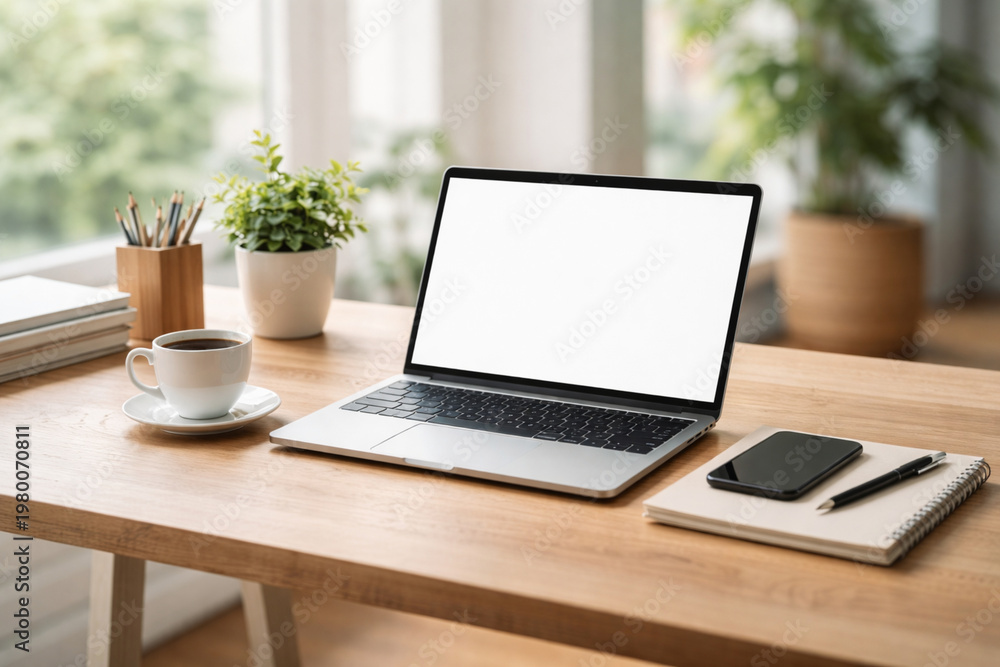 Fototapeta premium Modern Remote Work Setup with Laptop Coffee and Minimal Workspace